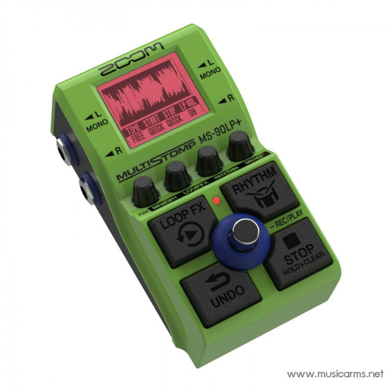 Compact green guitar effects pedal with a pink LCD screen, labeled LOOP FX and RHYTHM, and a blue control knob in the center. ขายราคาพิเศษ