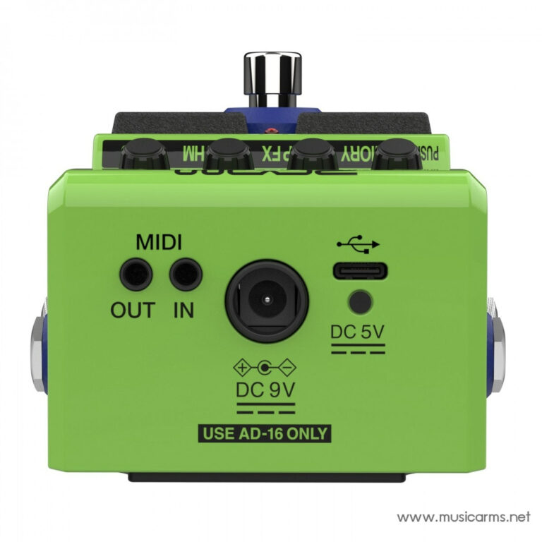 Bright neon-green guitar effects pedal with MIDI IN/OUT jacks, DC 9V and DC 5V power ports, a central input jack, and a top footswitch. Use AD-16 only text visible. ขายราคาพิเศษ