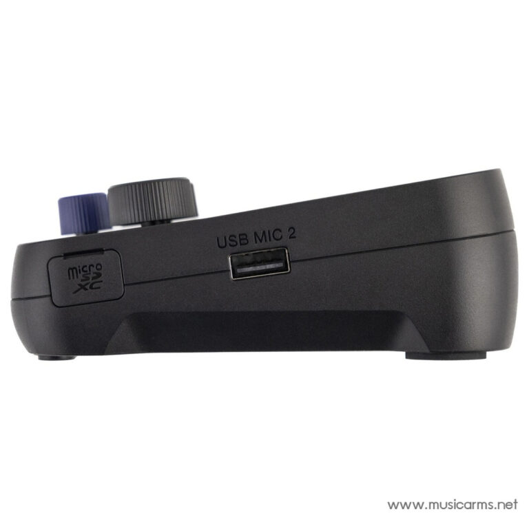 Side view of a compact black USB microphone with two knobs (blue and gray) and a microSDXC slot labeled 'microSDXC' and 'USB MIC 2' ขายราคาพิเศษ