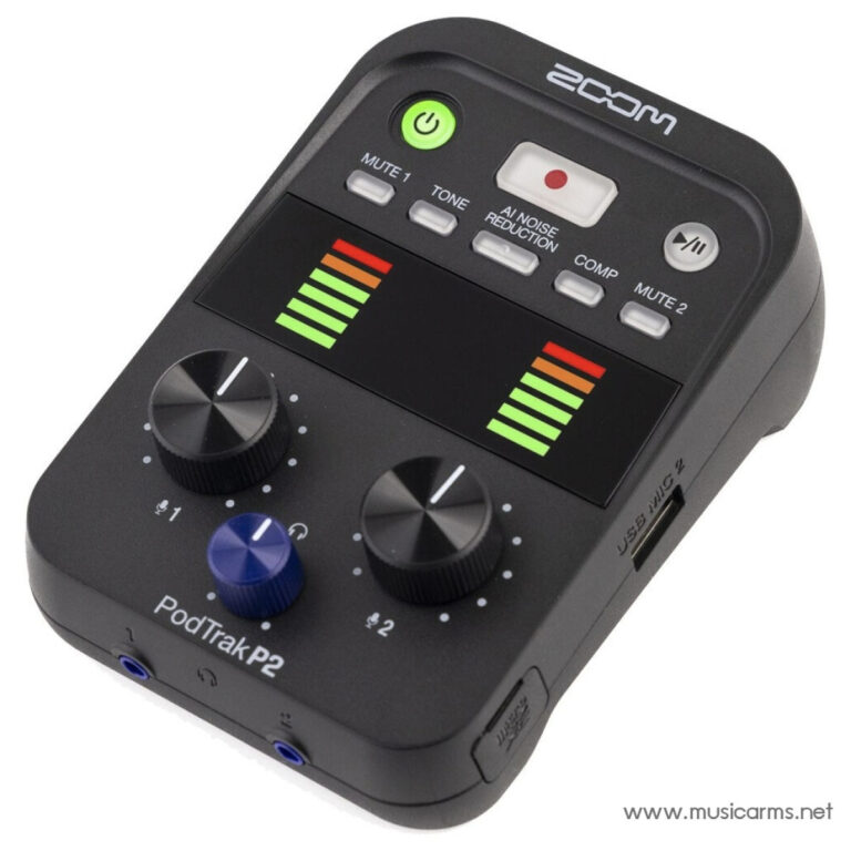Portable podcast recorder PodTrak P2 with two mic inputs, dual large gain knobs, and colorful LED level meters on top ขายราคาพิเศษ