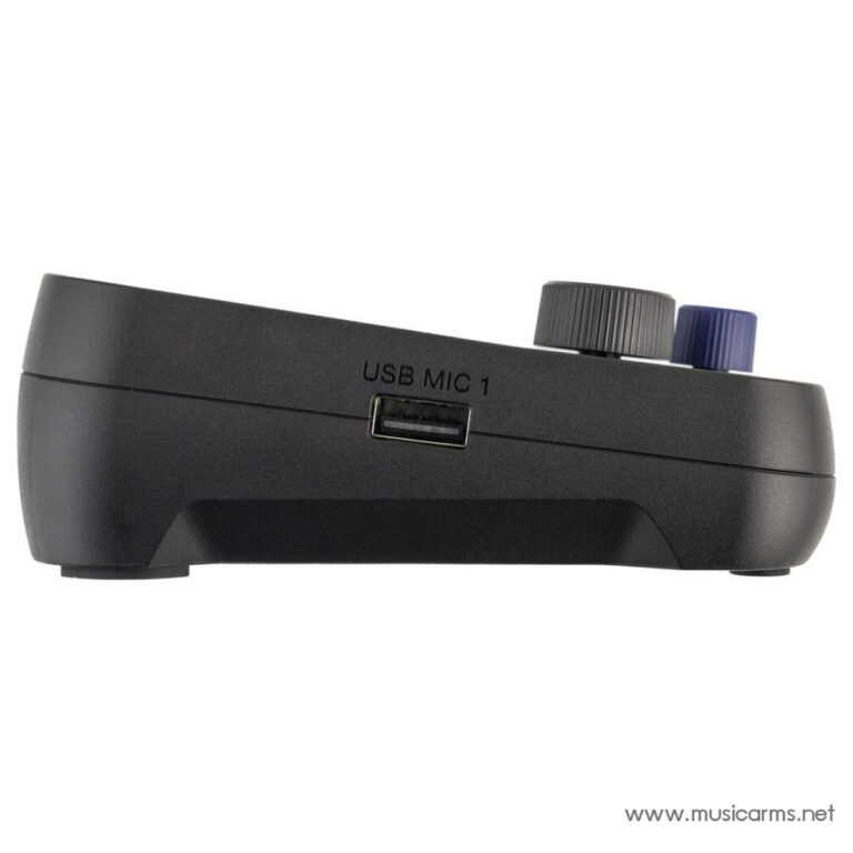Close-up of a USB microphone base with a USB port labeled 'USB MIC 1' and two control knobs on top. ขายราคาพิเศษ