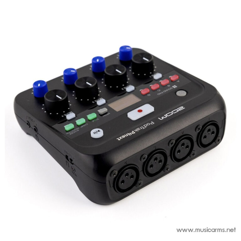 Compact 4‑input USB audio interface for podcasting with blue/black knobs and a small display on top. ขายราคาพิเศษ