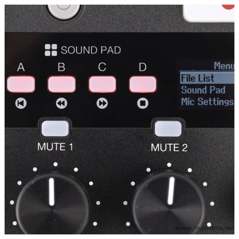 Close-up of a Sound Pad with four pink pads labeled A–D, playback icons beneath, and MUTE 1 and MUTE 2 buttons visible. ขายราคาพิเศษ