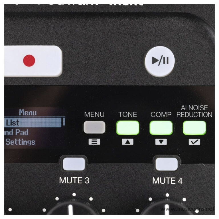 Front panel of audio device showing illuminated Tone and Comp buttons (green), Menu label, and mute switches (Mute 3/4). ขายราคาพิเศษ