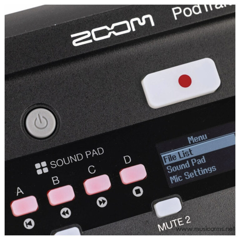 Close-up of a Zoom podcast mixer with a gray power button, a white red-record button, and a screen showing Menu and File List options. ขายราคาพิเศษ