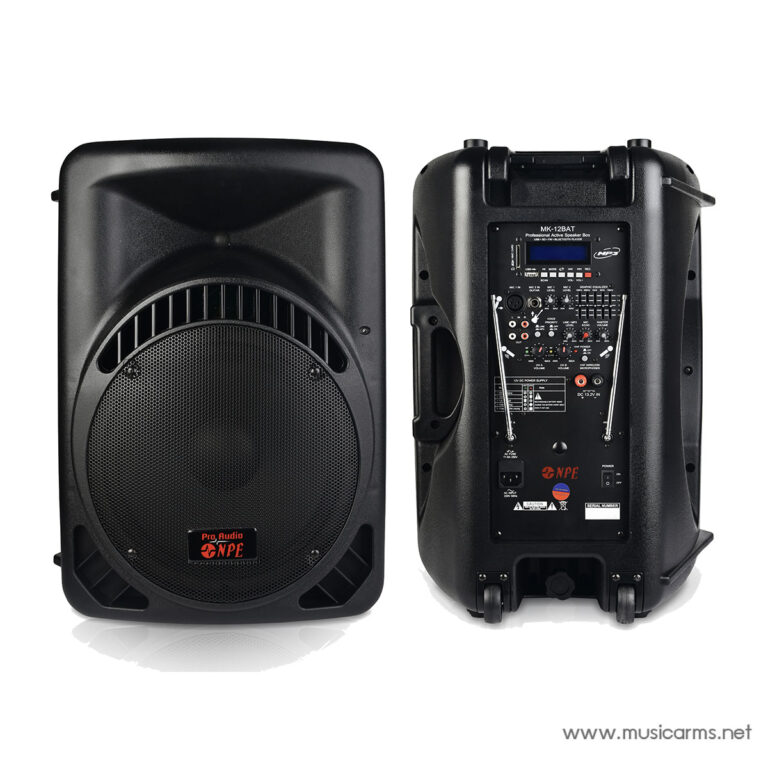 Pair of black portable active PA speakers, front and rear views: large circular woofer behind a grille and ventilation on the left; back panel with knobs, jacks, and display on the right. ขายราคาพิเศษ