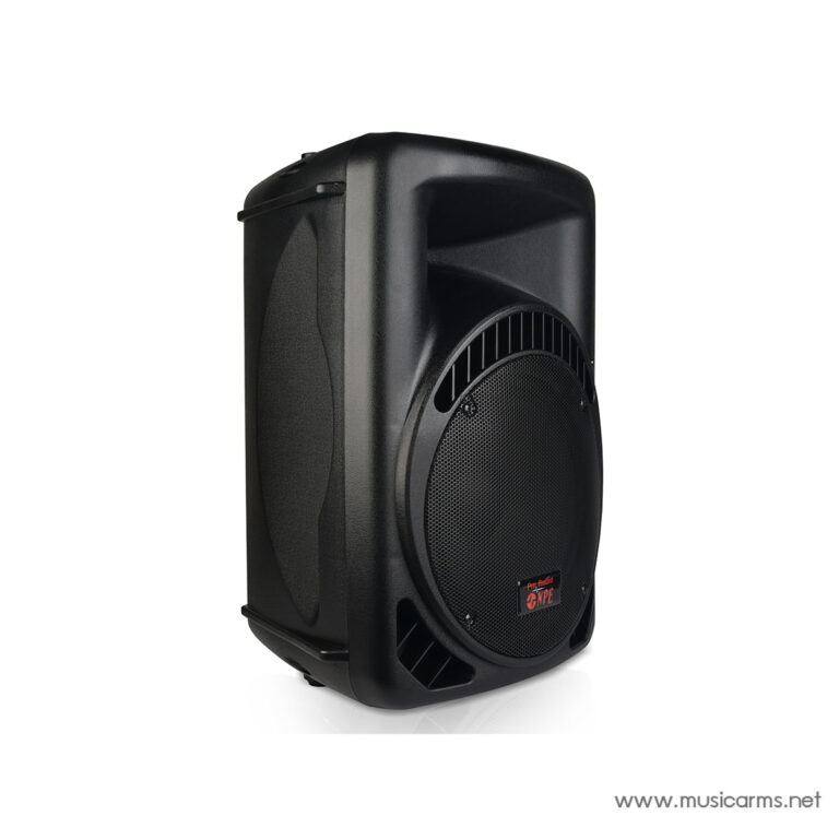 Black portable PA speaker facing forward with a circular mesh grille and vent details on a white background. ขายราคาพิเศษ