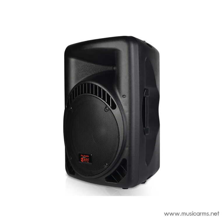 Black portable PA speaker with a circular front grille and side carry handle on a white background. ขายราคาพิเศษ