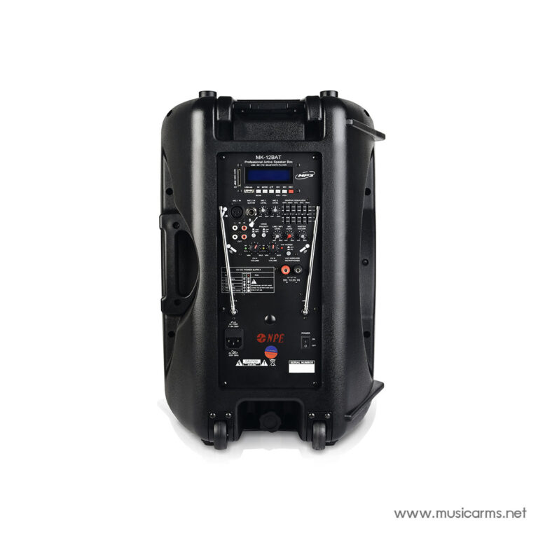 Rear view of a black portable active speaker with control panel, handles, and wheels on the bottom radius edges. ขายราคาพิเศษ
