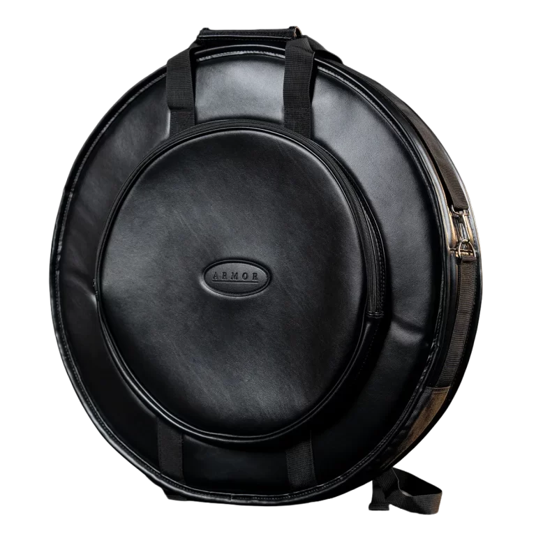 Round black leather backpack with double zippers and two shoulder straps, centered Armor logo. ขายราคาพิเศษ