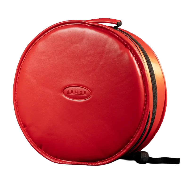 Red circular zippered carrying case with a top handle on a white background ขายราคาพิเศษ