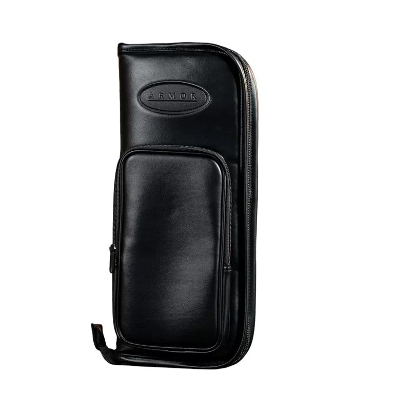 Black leather zippered carrying case with a front rounded pocket and an embossed Armor logo on top surface ขายราคาพิเศษ