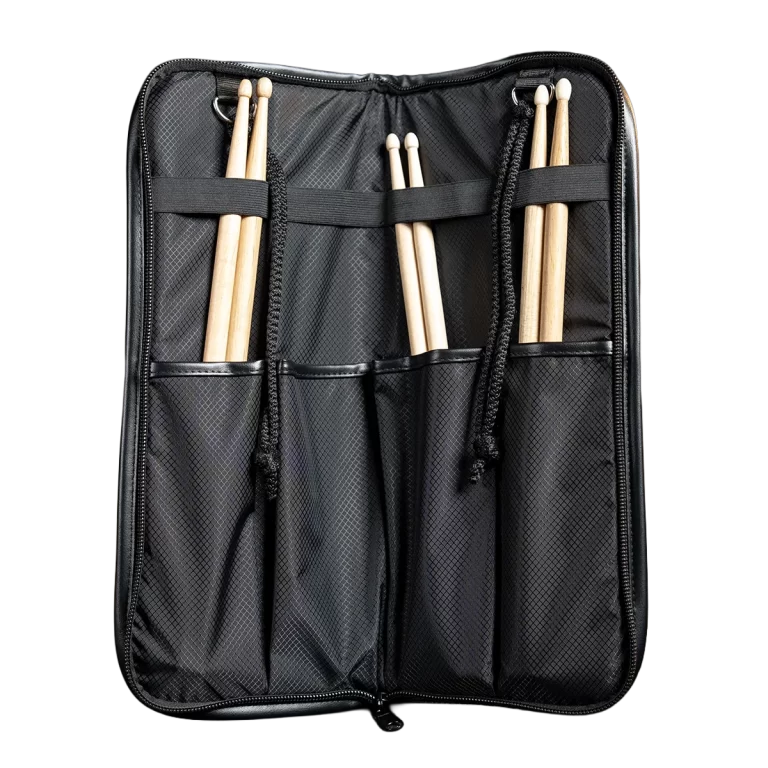 Open black drumstick roll displaying multiple pairs of wooden drumsticks in individual pockets (travel case) ขายราคาพิเศษ