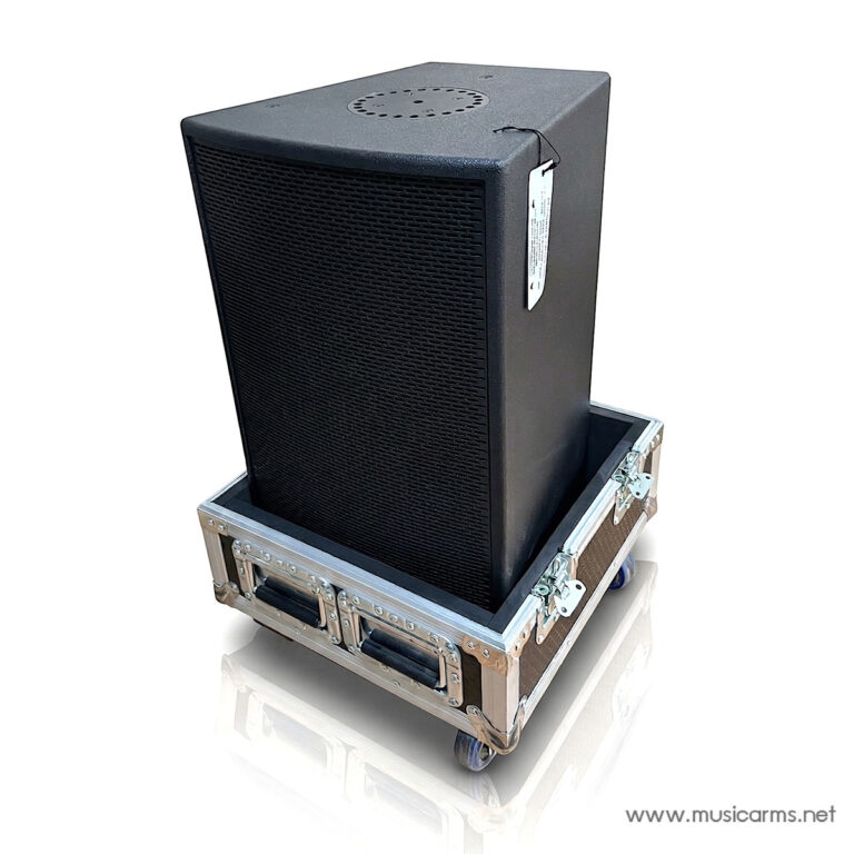 Tall black speaker resting in a metal road case on wheels, ready for transport. ขายราคาพิเศษ