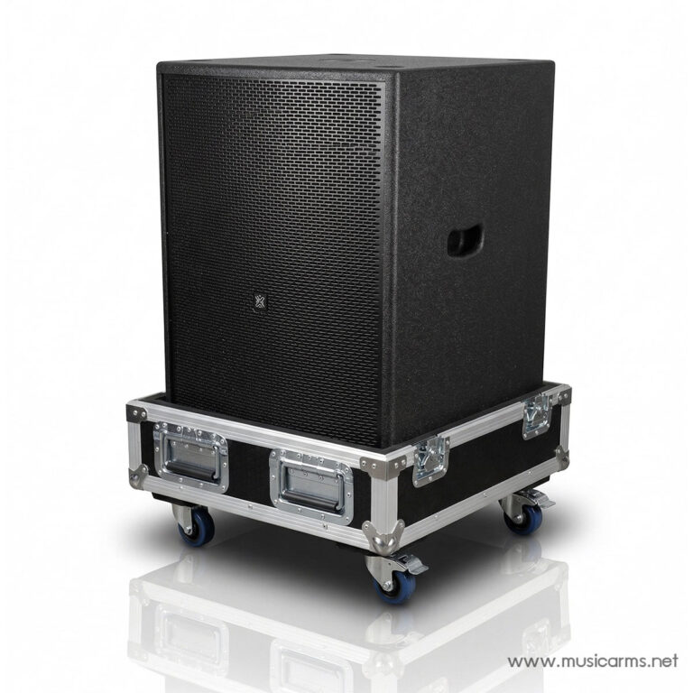 Large black PA speaker mounted on a wheeled road case/cart, resting on a glossy surface with a watermark www.musicarms.net. ขายราคาพิเศษ