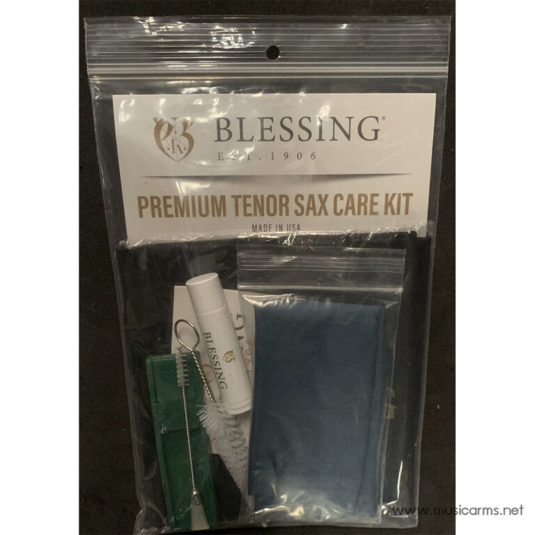 Saxophone care kit in a clear resealable bag labeled Blessing Premium Tenor Sax Care Kit, with cleaning brush, white bottle, green clip, and blue cloth inside ขายราคาพิเศษ