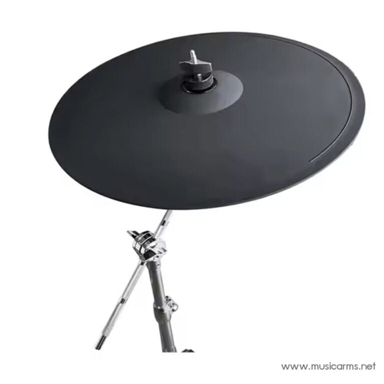 Black circular cymbal mounted on a chrome stand against a white background ขายราคาพิเศษ