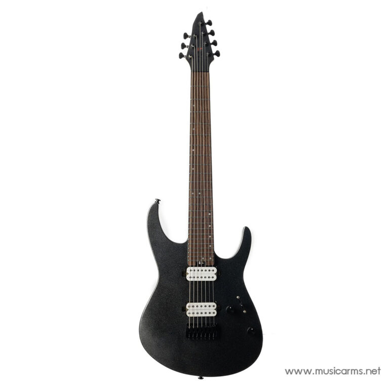 Black solid-body electric guitar with dual humbucker pickups on a white background, with a brown maple neck and chrome hardware (Musicarms watermark). ขายราคาพิเศษ