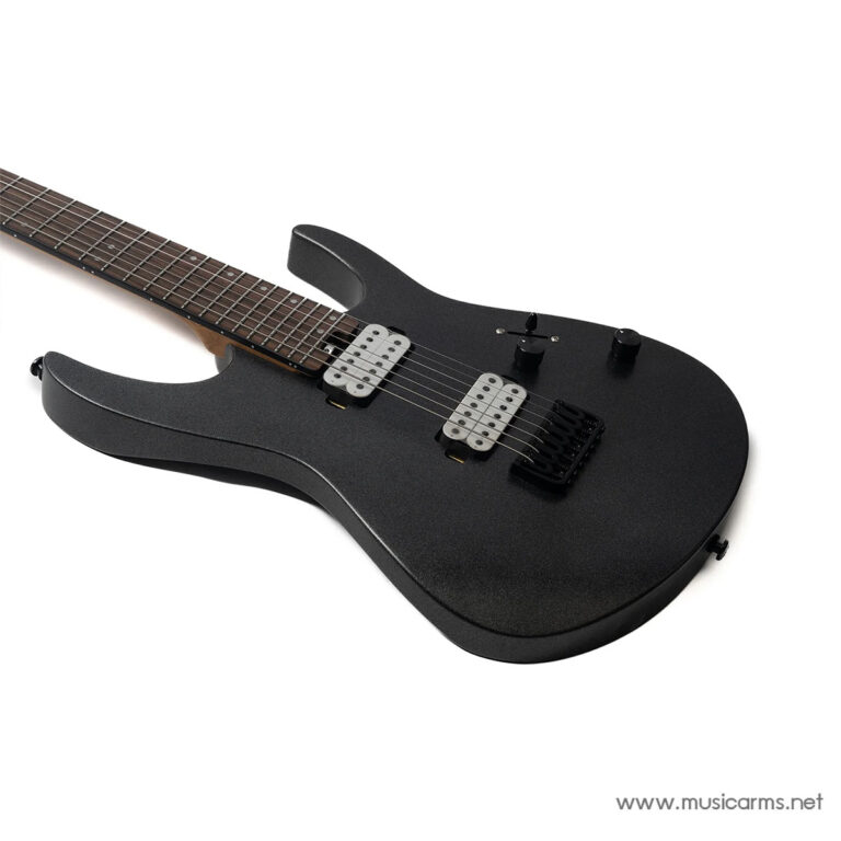 Black solid-body electric guitar with two white pickups, arranged in a double-humbucker style, on a white background (product photo). ขายราคาพิเศษ