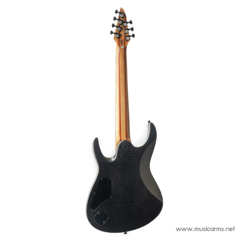 Back view of a black electric guitar with a natural wood neck and headstock, showing trem/strap cavity covers and rear access plates. ขายราคาพิเศษ