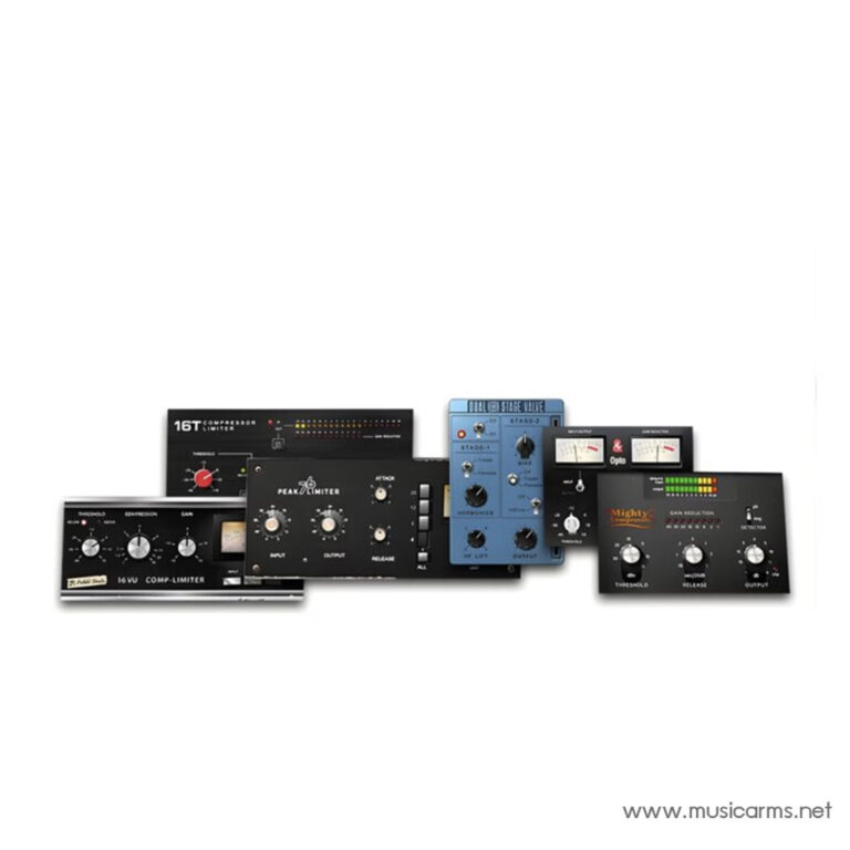 Collage of vintage analog studio hardware: compressors, limiters, and audio processors in a row ขายราคาพิเศษ