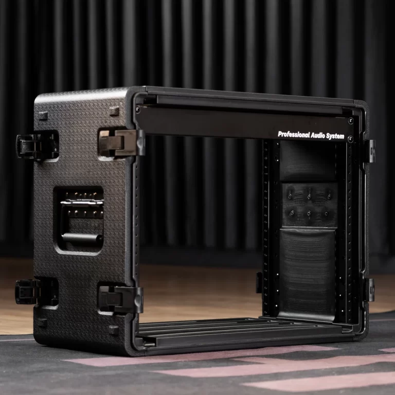 Open portable black flight case for pro audio gear, with rack equipment visible inside and 'Professional Audio System' label on the top rail. ขายราคาพิเศษ
