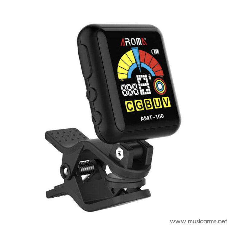Clip-on guitar tuner (AMT-100) mounted on a clamp, ready to attach to a guitar or bass ขายราคาพิเศษ