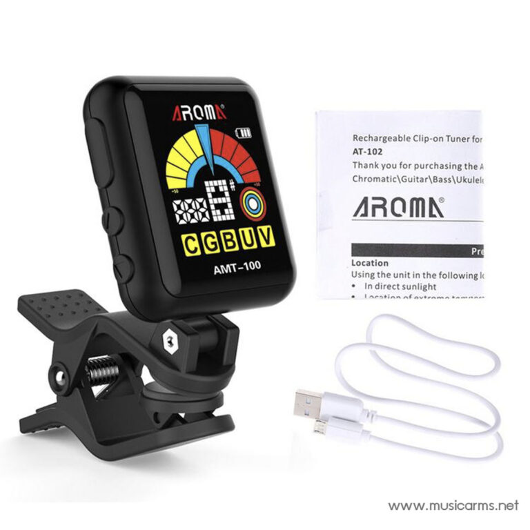Aroma AMT-100 clip-on tuner mounted on its black clamp, with a USB cable and manual. ขายราคาพิเศษ