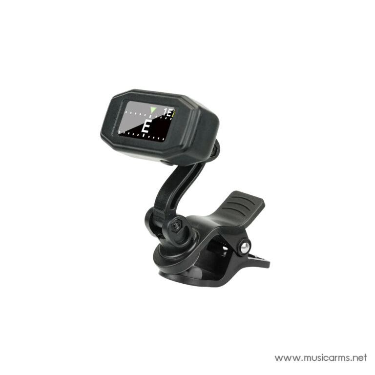 Clip-on guitar tuner with a swiveling arm and clamp, showing a tuning display on its screen ขายราคาพิเศษ