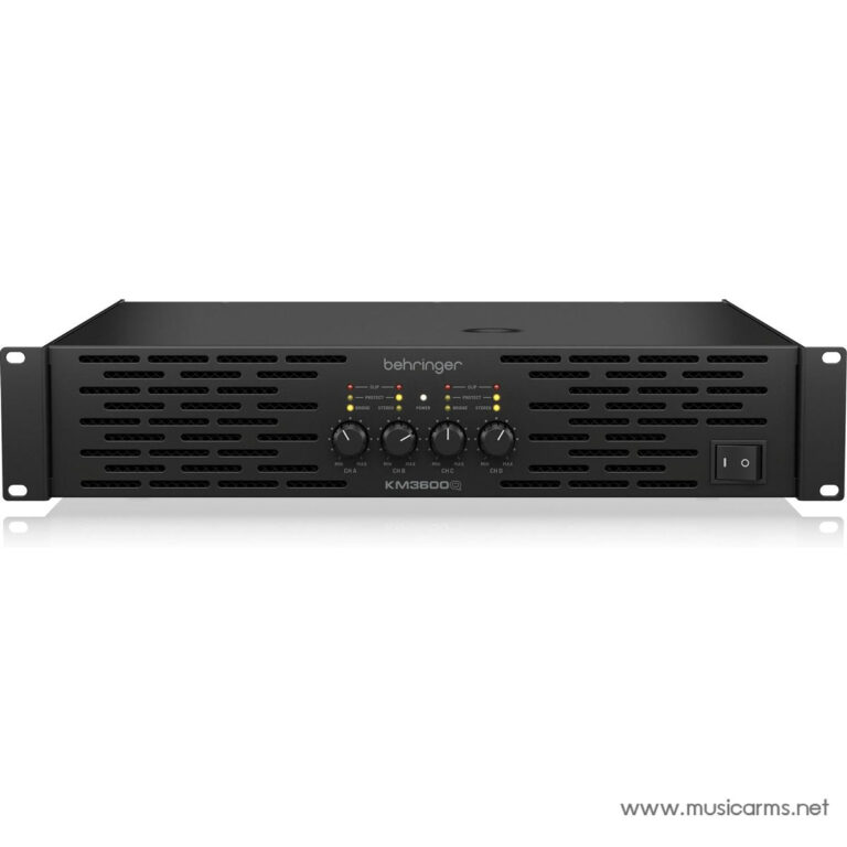 Front view of a Behringer KM3600Q rack-mount amplifier, showing ventilation vents, three input/output control knobs, LED indicators, and the power switch. ขายราคาพิเศษ