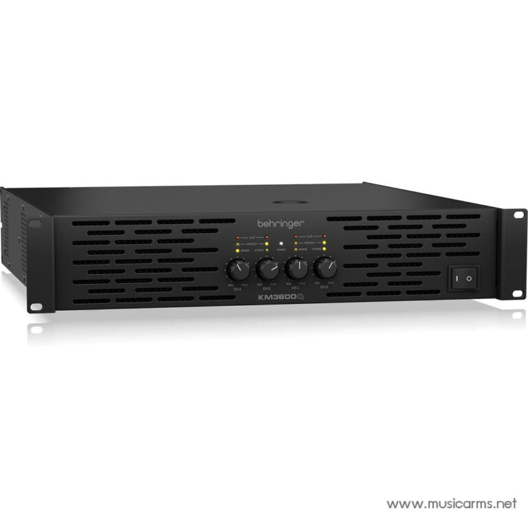 Rack-mount audio amplifier front panel with knobs and LED indicators (Behringer KM3600Q) facing forward. ขายราคาพิเศษ