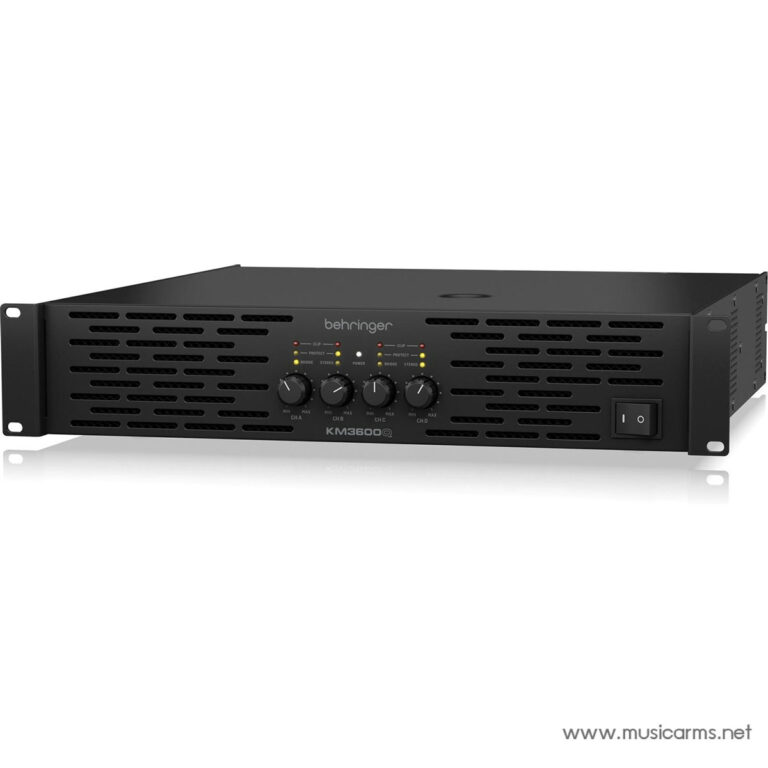 Front view of a Behringer KM3600Q rack-mount power amplifier with two channel gain knobs and LED indicators on a vented front panel ขายราคาพิเศษ