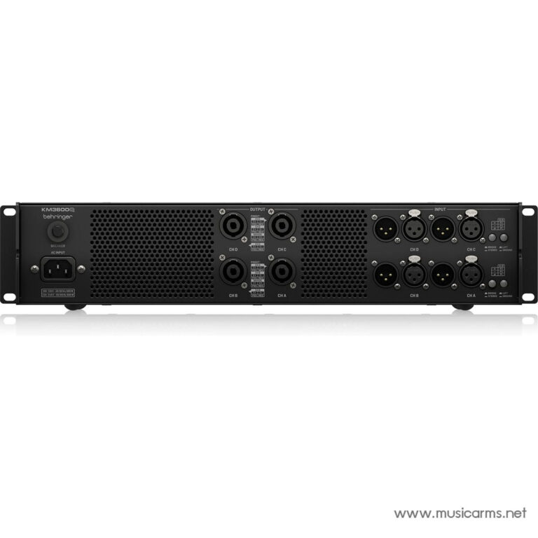 Rear view of a Behringer KM3600 power amplifier showing multiple XLR/1/4-inch output connectors and the IEC power inlet (rack-mount edition). ขายราคาพิเศษ