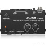 Behringer MicroMON MA400 monitor headphone amplifier front panel with MIC INPUT, MIC THRU, MONITOR INPUT, ON LED, PHONES, and two knobs for MIC LEVEL and MON LEVEL. ขายราคาพิเศษ