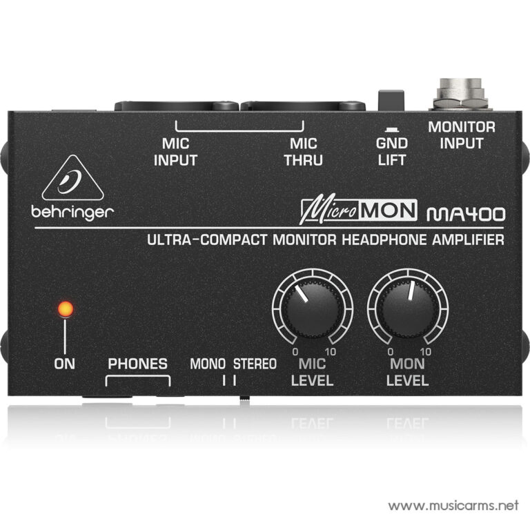 Behringer MicroMON MA400 monitor headphone amplifier front panel with MIC INPUT, MIC THRU, MONITOR INPUT, ON LED, PHONES, and two knobs for MIC LEVEL and MON LEVEL. ขายราคาพิเศษ