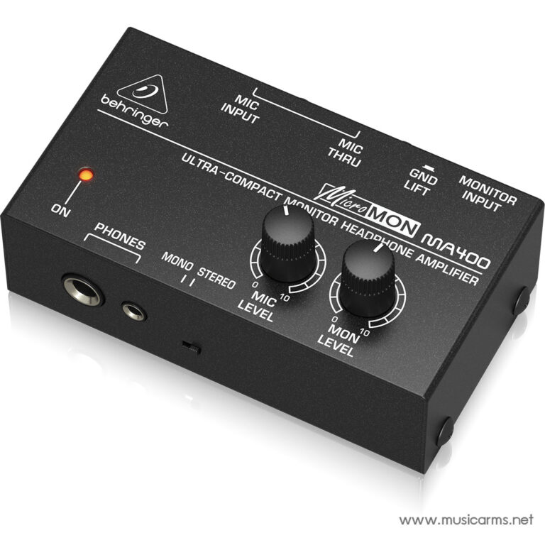 Behringer MicroMON MA400 ultra-compact monitor headphone amplifier with two control knobs and input jacks on a black metal chassis. ขายราคาพิเศษ