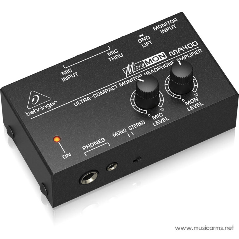 Behringer MicroMON M-A400 ultra-compact monitor headphone amplifier front panel with two knobs for mic and monitor levels and a power switch on the left edge. ขายราคาพิเศษ