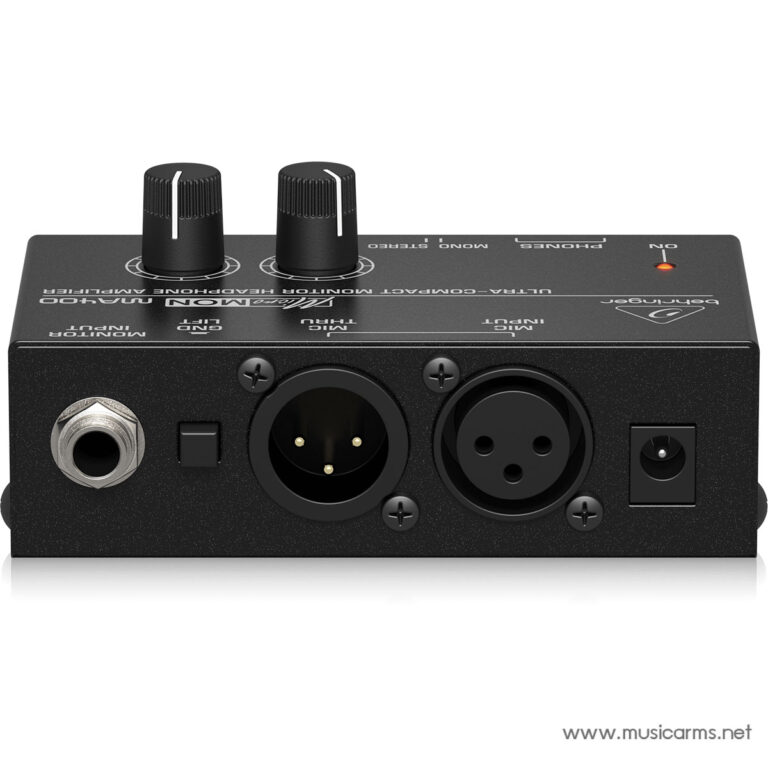 Front of an audio interface with two combo inputs, two gain knobs, power switch, and power indicator light ขายราคาพิเศษ