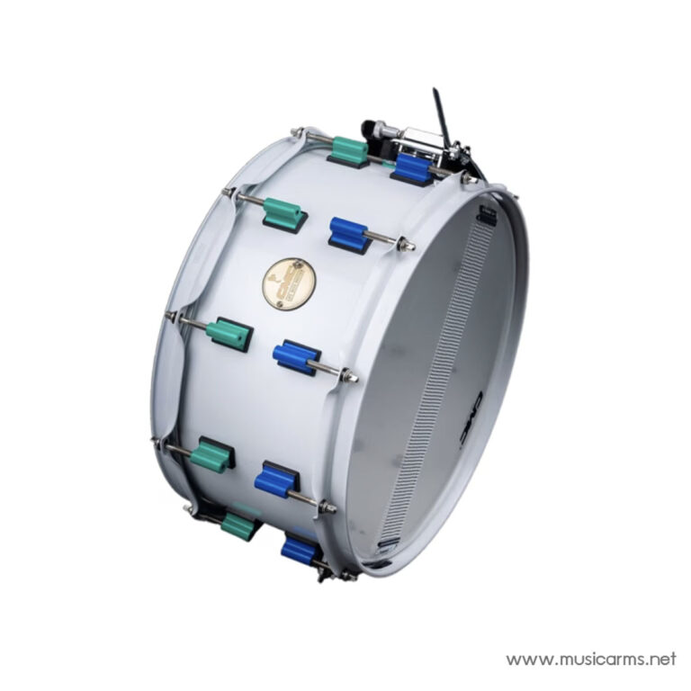 White snare drum with blue and green tension rods, shown at an angled view. ขายราคาพิเศษ