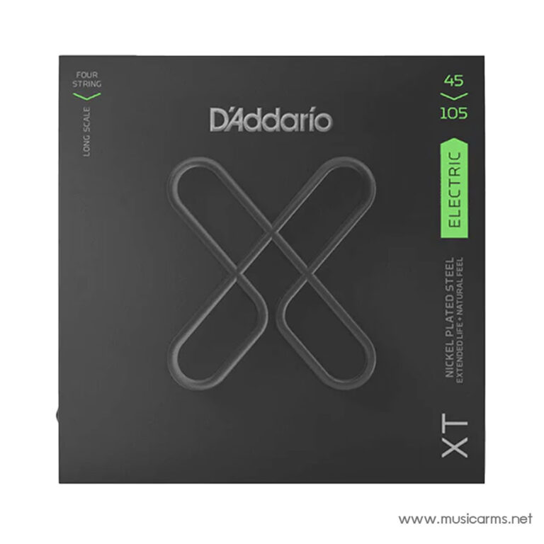 D'Addario XT electric guitar strings box, nickel‑plated steel, 45-105 gauge, long scale, with green label on the right. ขายราคาพิเศษ