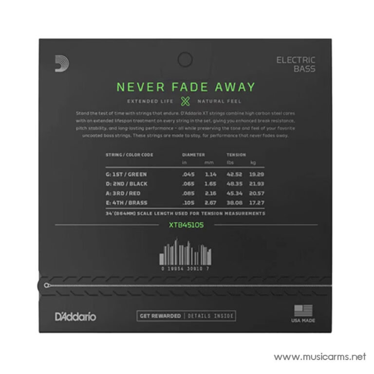 Back of D'Addario electric bass string package with 'Never Fade Away' slogan and product details like string codes and tension values, shows barcode and 'USA Made' label. ขายราคาพิเศษ