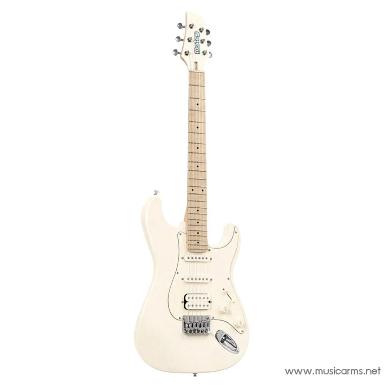White solid-body electric guitar with a maple neck, three single-coil pickups, and a tremolo bridge (Stratocaster-style) ขายราคาพิเศษ