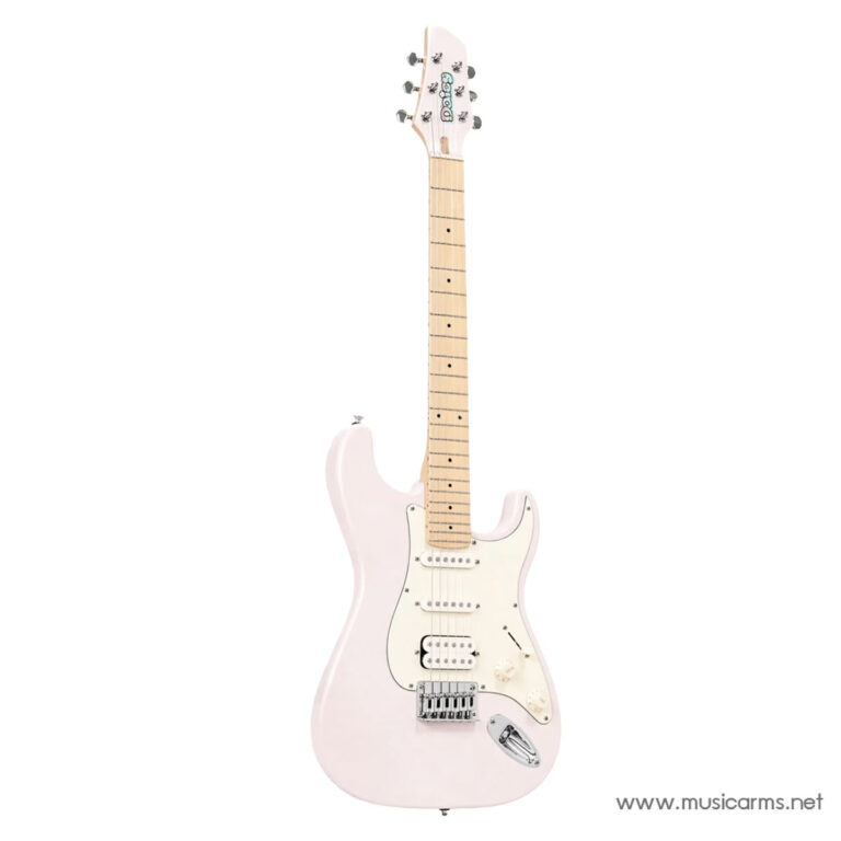 Pastel pink Stratocaster-style electric guitar with a maple neck and white pickguard ขายราคาพิเศษ