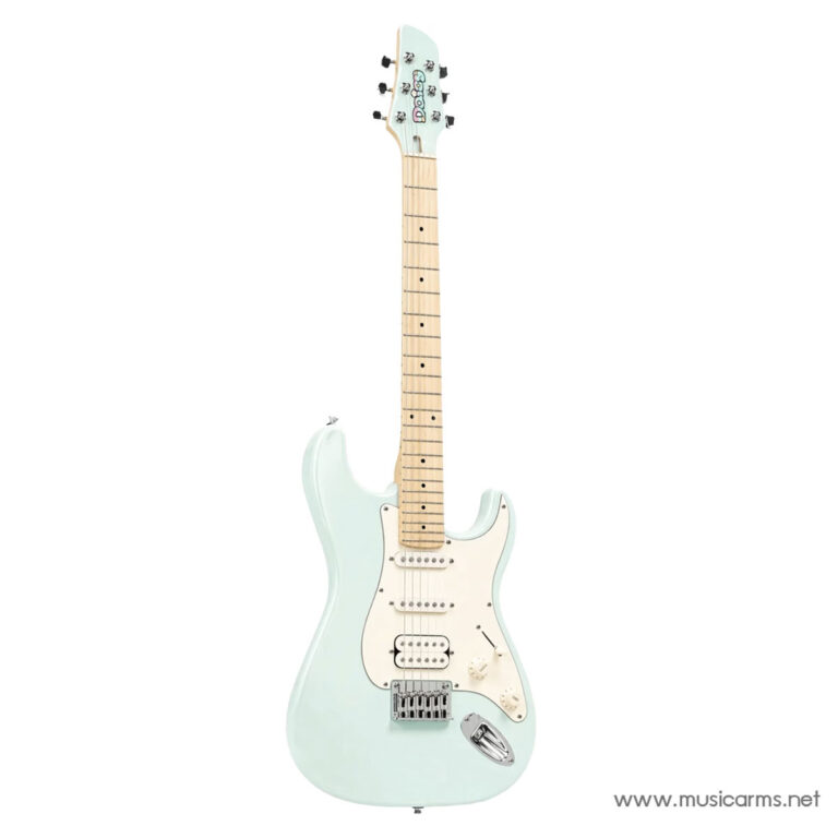 Mint green electric guitar with a white pickguard and maple neck, three pickups, and a chrome tremolo bridge. ขายราคาพิเศษ