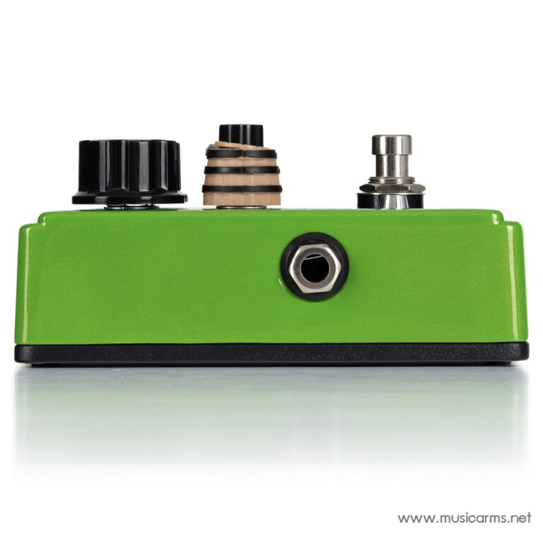 Bright green guitar effects pedal shown from the side with two knobs and a jack input visible on a white background. ขายราคาพิเศษ