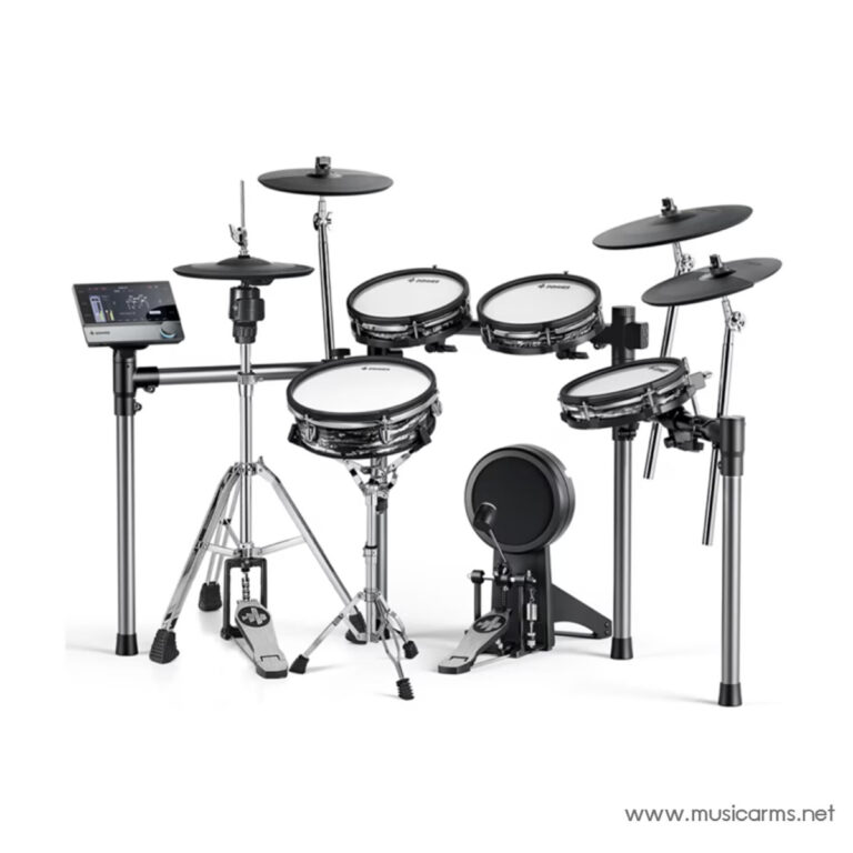 Electronic drum kit with multiple pads, cymbals, kick pedal, and a drum module on a stand against a white background. ขายราคาพิเศษ