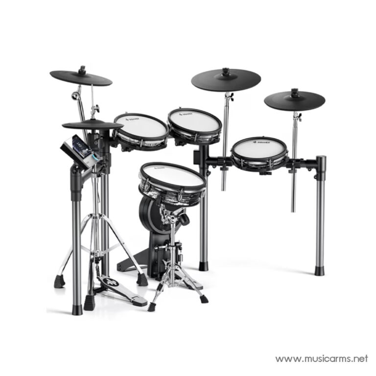 Electronic electronic drum kit with multiple pads and cymbals on chrome stands, mounted to a frame with a built‑in module on the left. ขายราคาพิเศษ