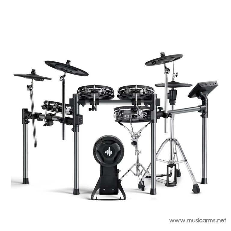 Fully assembled electronic drum kit with multiple pads, cymbals, kick pad, and a central module on a rack system ขายราคาพิเศษ
