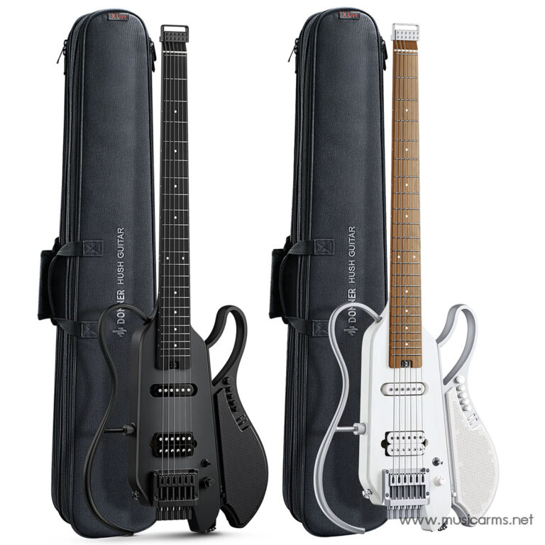 Two electric guitars in separate padded gig bags: one black with a black neck, the other white with a maple neck. Both show hardware and bridge setup. ขายราคาพิเศษ