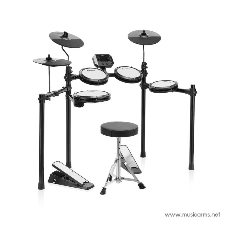 Electronic electronic drum kit with multiple pads, cymbals, a kick pedal, hi-hat pedal, a throne, and a small central module for sounds. ขายราคาพิเศษ